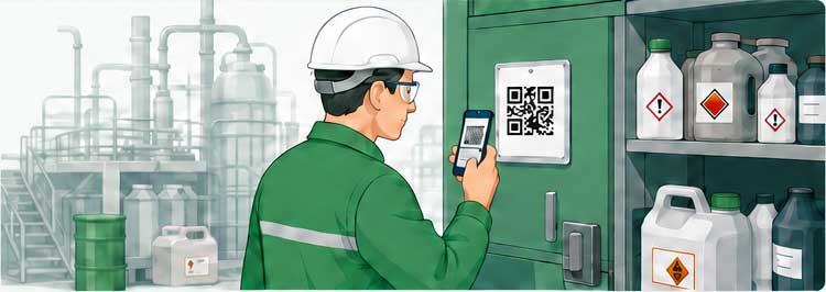 Medewerker scant QR-code van een VIB-werkplekkaart op een chemicaliënkast